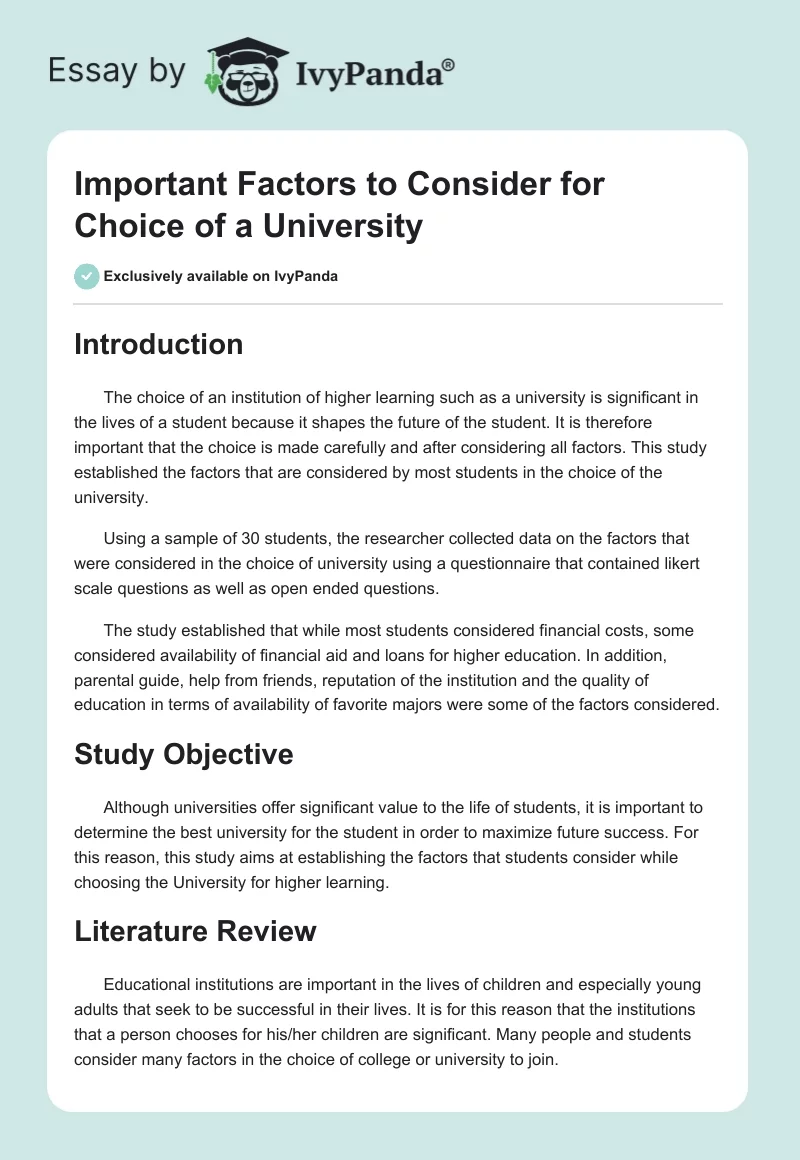 Important Factors to Consider for Choice of a University. Page 1