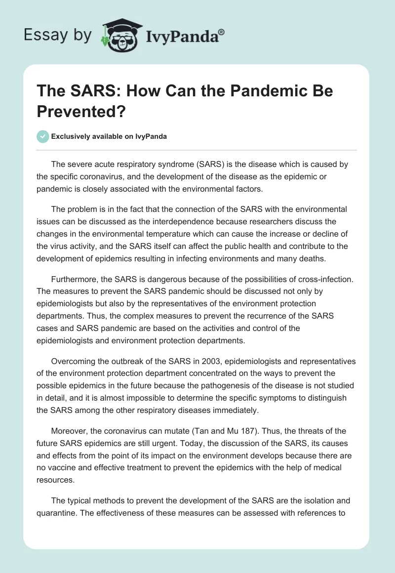 The SARS: How Can the Pandemic Be Prevented?. Page 1