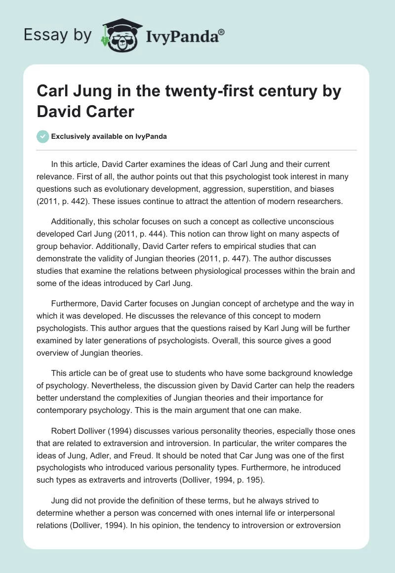 "Carl Jung in the twenty-first century" by David Carter. Page 1