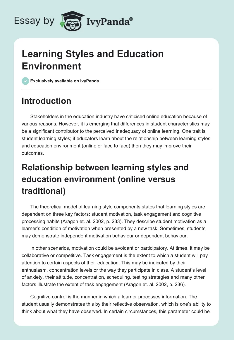 Learning Styles and Education Environment. Page 1