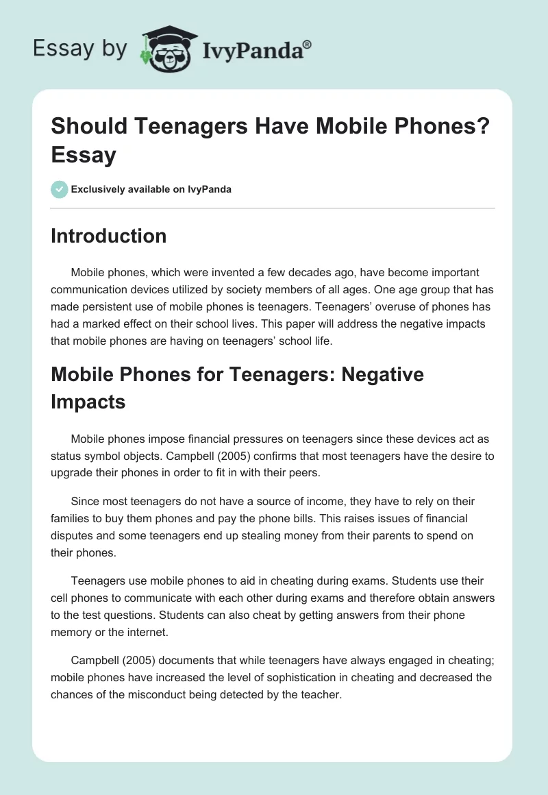 Should Teenagers Have Mobile Phones? Essay. Page 1