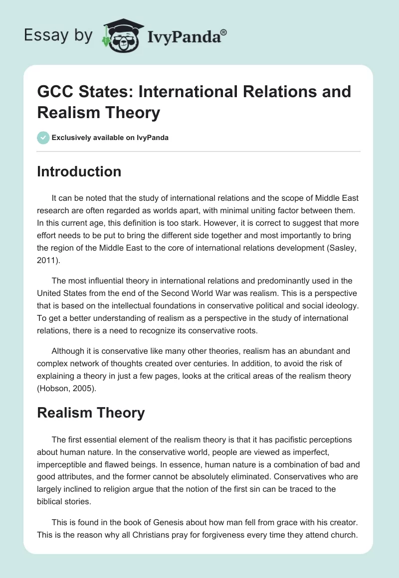 GCC States: International Relations and Realism Theory. Page 1