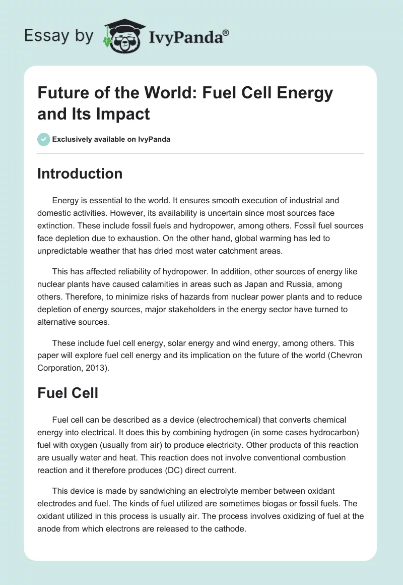 Future of the World: Fuel Cell Energy and Its Impact. Page 1
