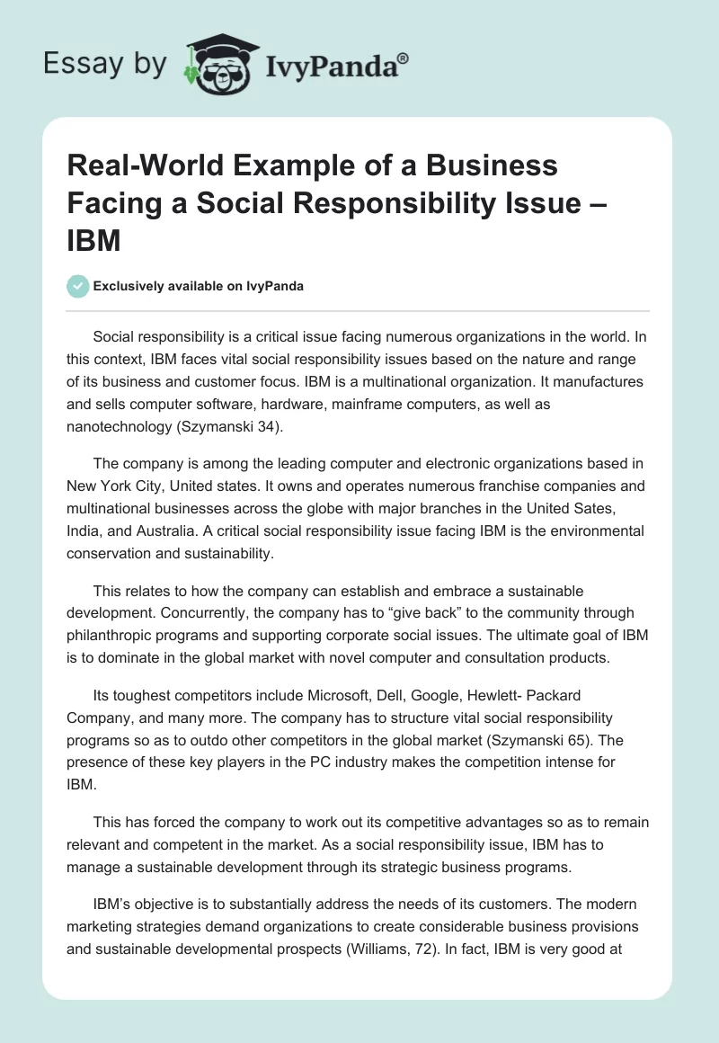 Real-World Example of a Business Facing a Social Responsibility Issue – IBM. Page 1