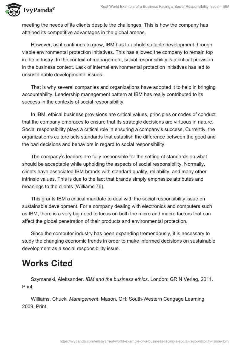 Real-World Example of a Business Facing a Social Responsibility Issue – IBM. Page 2