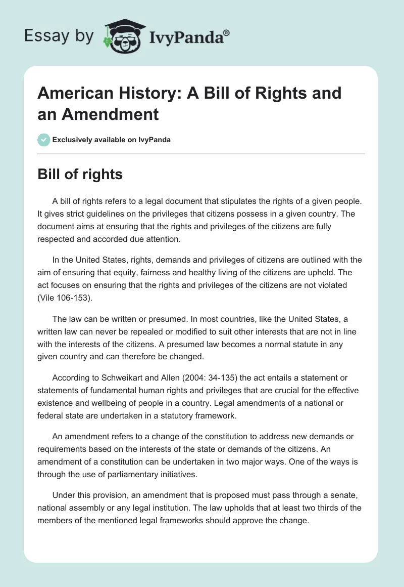 American History: A Bill of Rights and an Amendment. Page 1