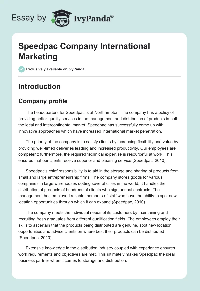 Speedpac Company International Marketing. Page 1
