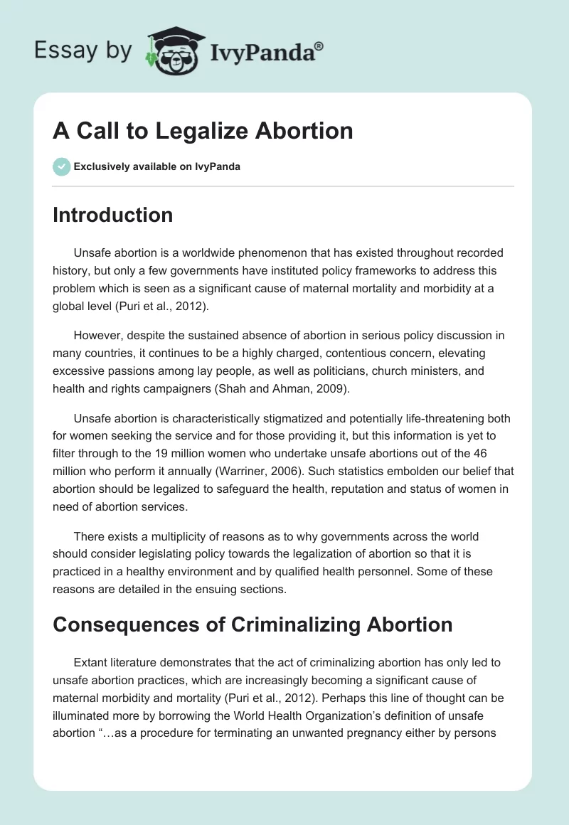 A Call to Legalize Abortion. Page 1