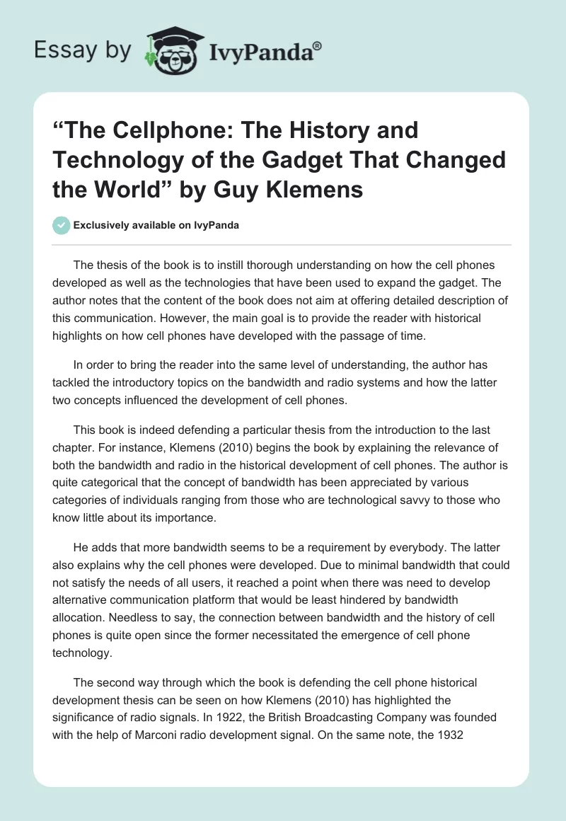 “The Cellphone: The History and Technology of the Gadget That Changed the World” by Guy Klemens. Page 1
