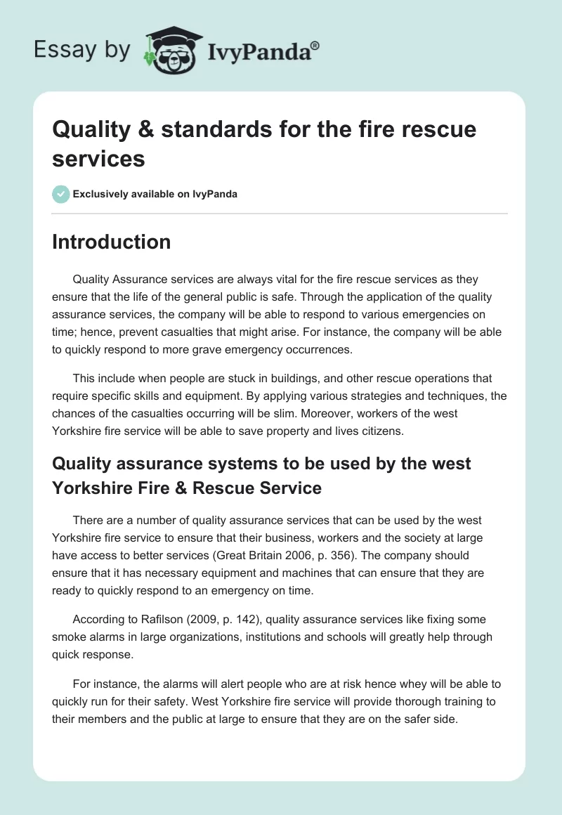 Quality & standards for the fire rescue services. Page 1