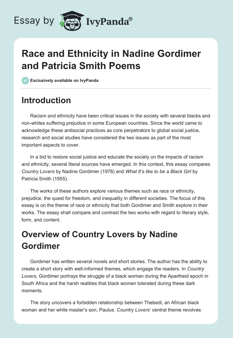 Race and Ethnicity in Nadine Gordimer and Patricia Smith Poems. Page 1