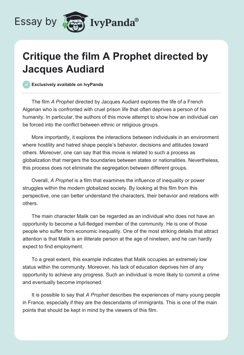 Critique the Film a Prophet Directed by Jacques Audiard. Page 1