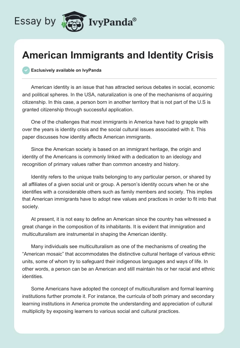 American Immigrants and Identity Crisis. Page 1