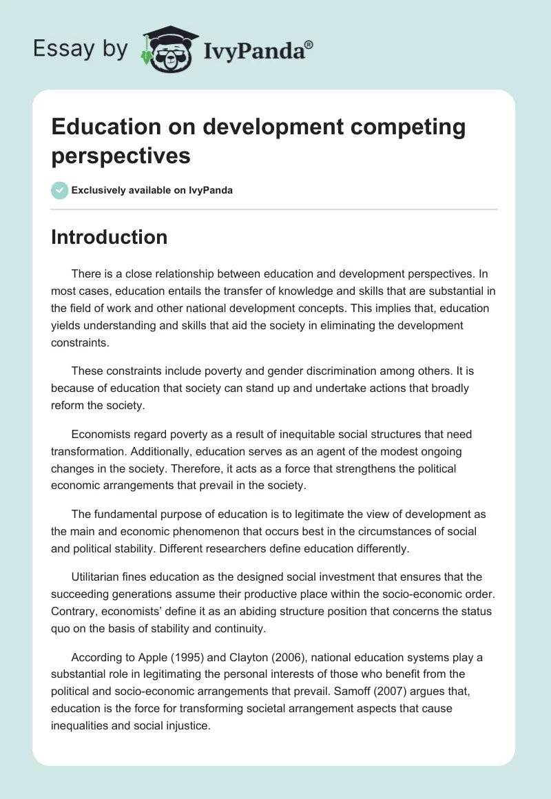 Education on development competing perspectives. Page 1