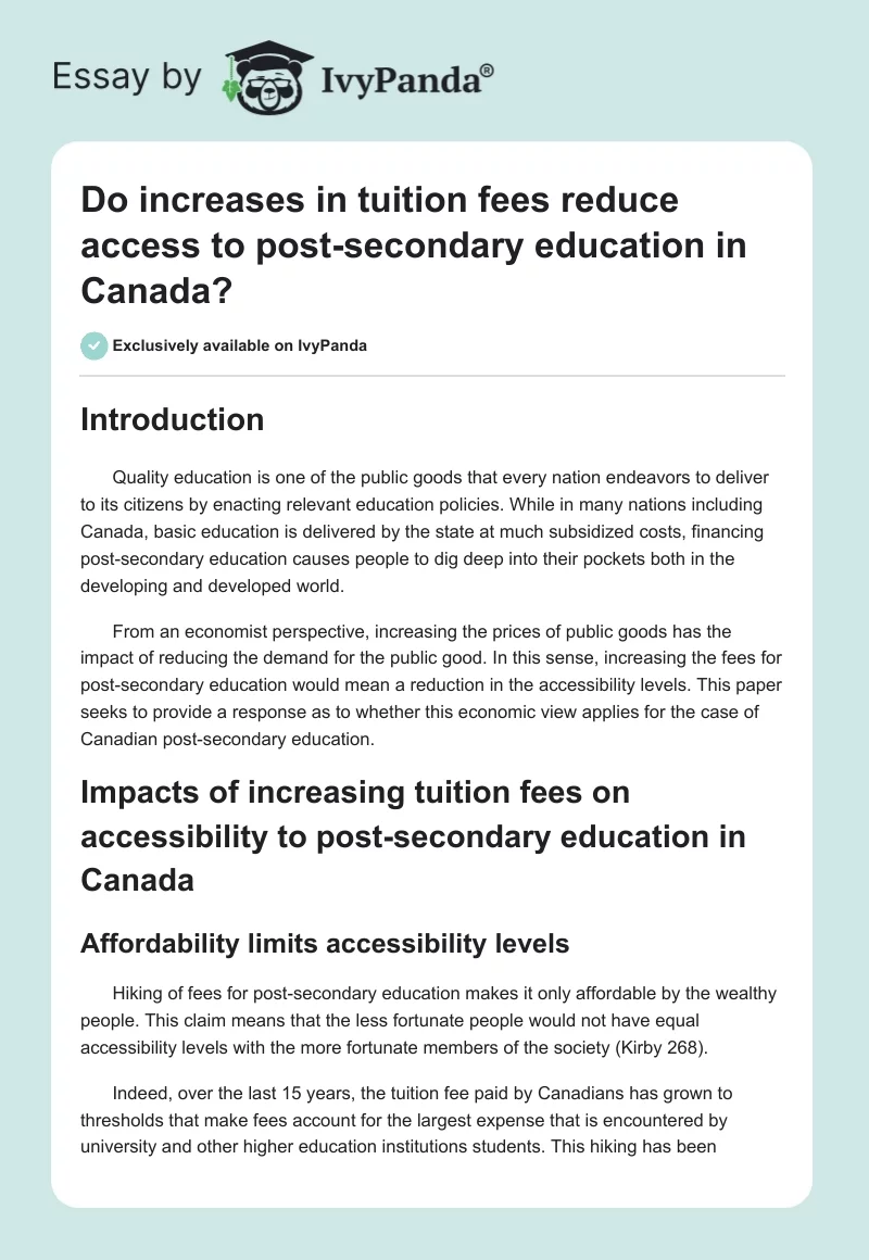 Do increases in tuition fees reduce access to post-secondary education in Canada?. Page 1