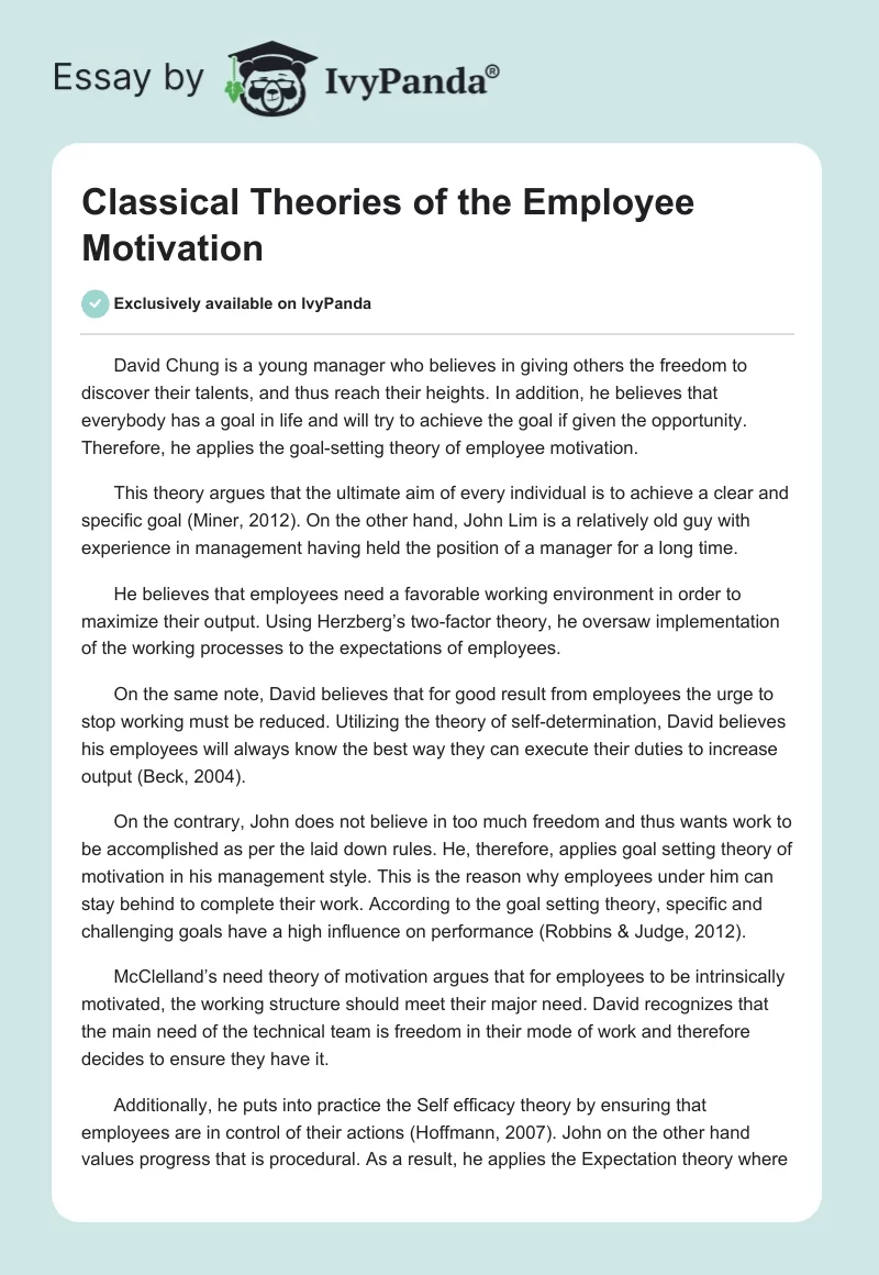 Classical Theories of the Employee Motivation. Page 1