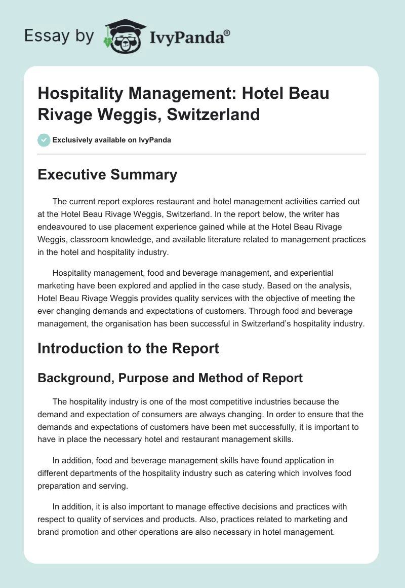 Hospitality Management: Hotel Beau Rivage Weggis, Switzerland. Page 1