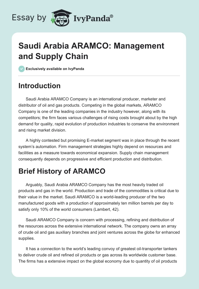 Saudi Arabia ARAMCO: Management and Supply Chain. Page 1