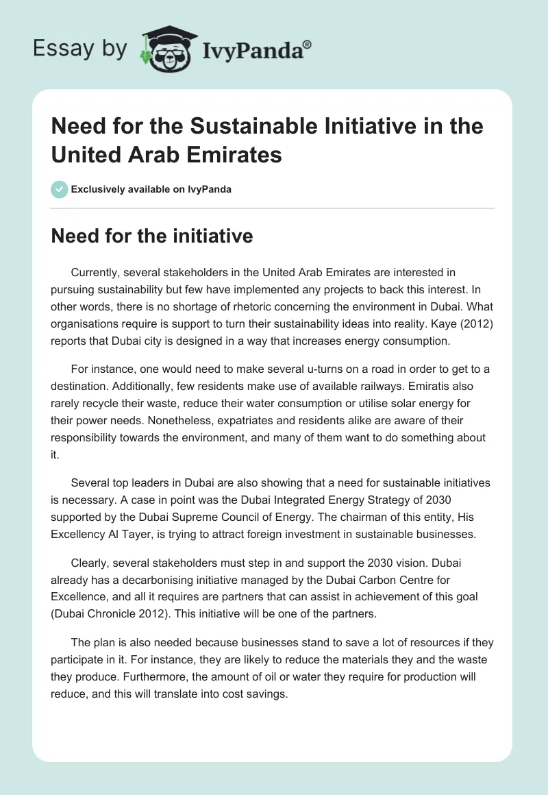 Need for the Sustainable Initiative in the United Arab Emirates. Page 1