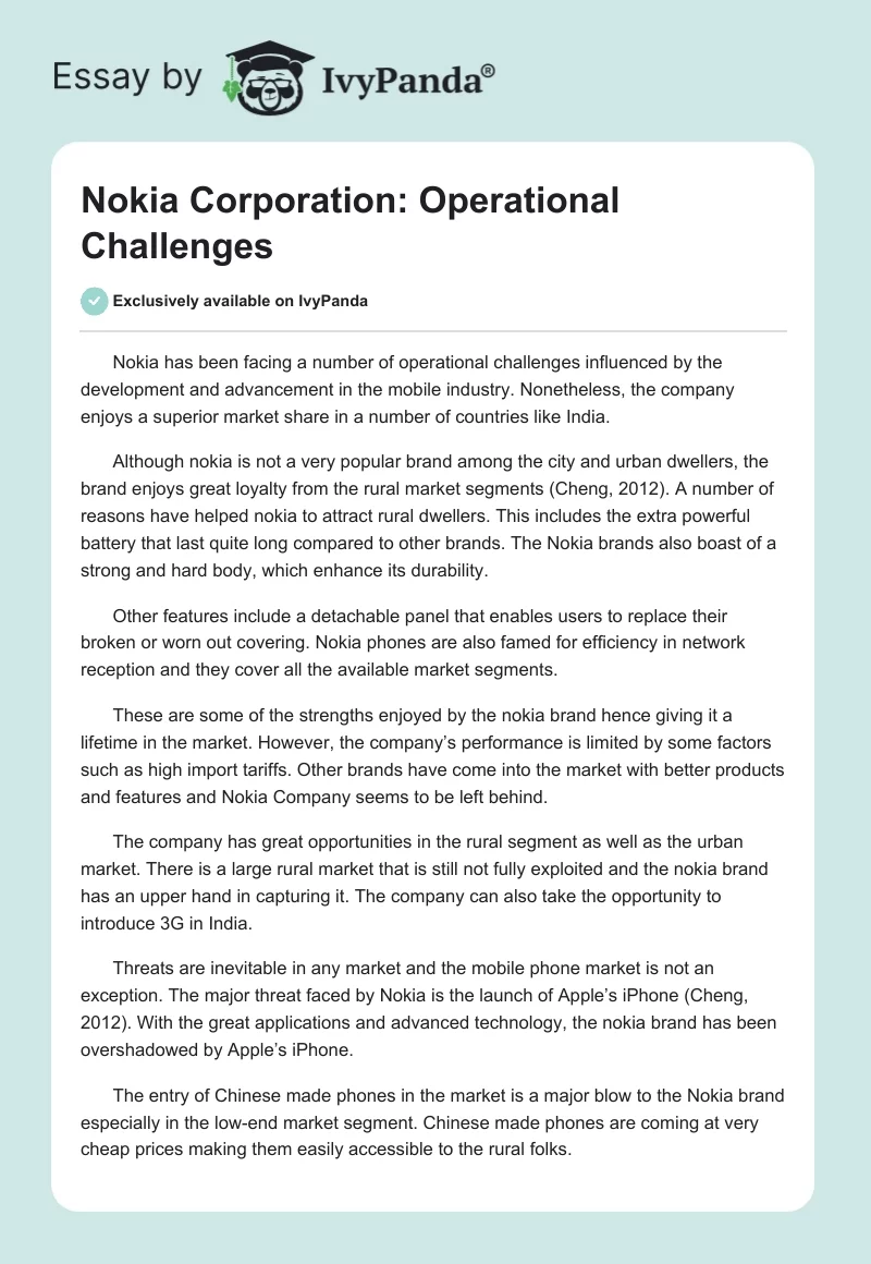 Nokia Corporation: Operational Challenges. Page 1