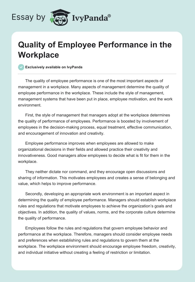Quality of Employee Performance in the Workplace. Page 1