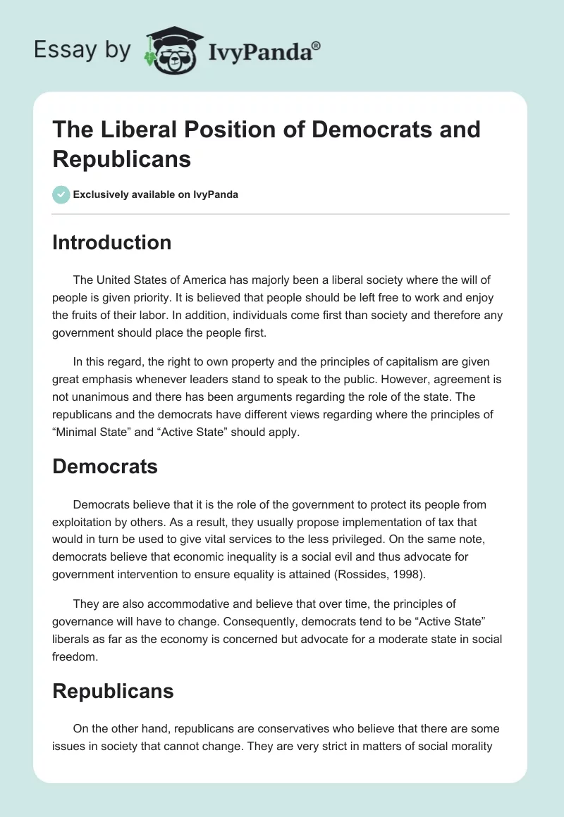 The Liberal Position of Democrats and Republicans. Page 1