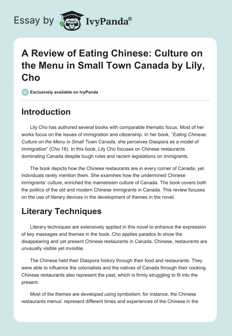 A Review of Eating Chinese: Culture on the Menu in Small Town Canada by Lily, Cho. Page 1