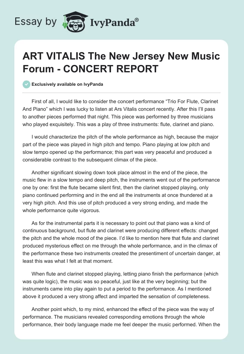 ART VITALIS The New Jersey New Music Forum - CONCERT REPORT. Page 1