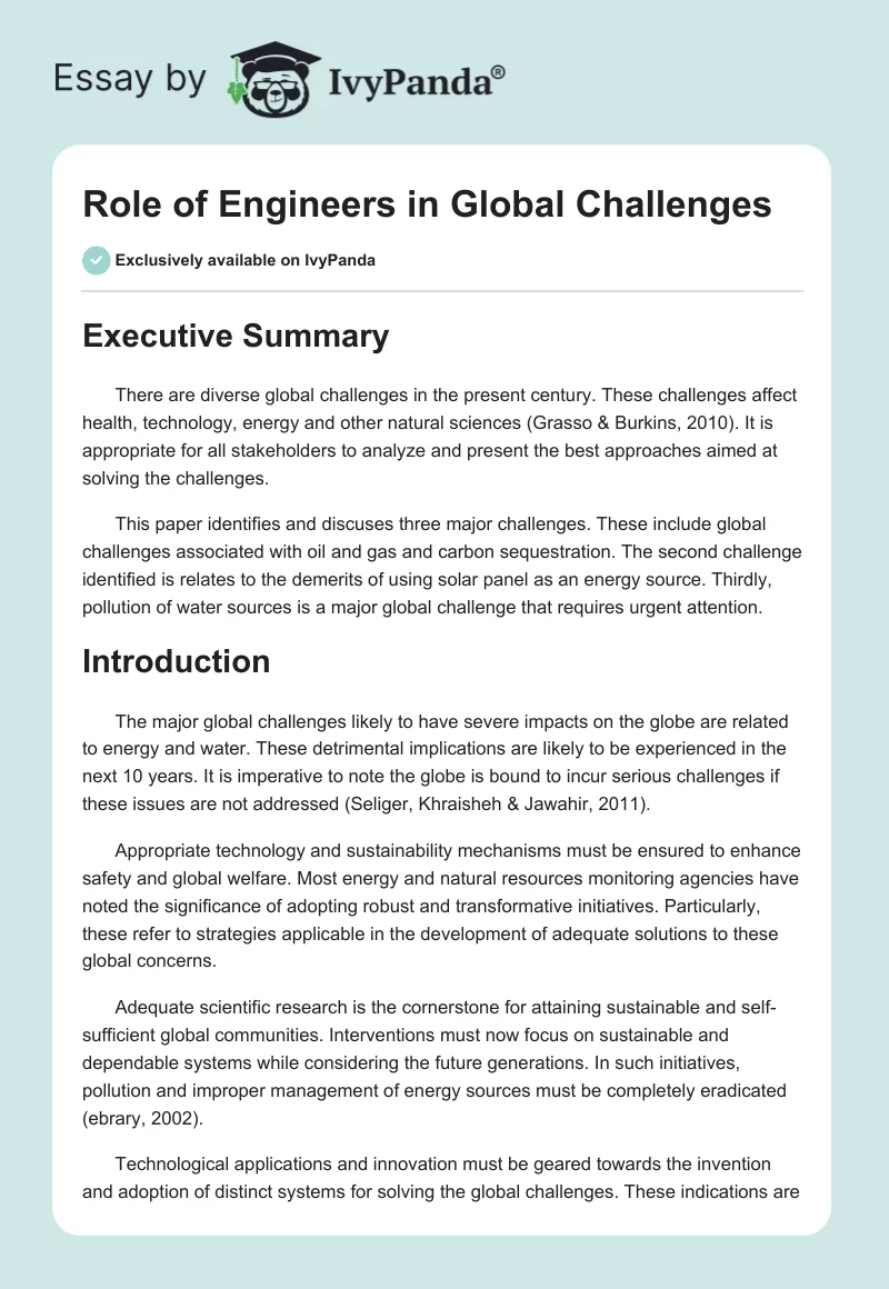 Role of Engineers in Global Challenges. Page 1