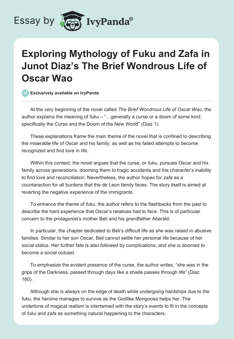 Exploring Mythology of Fuku and Zafa in Junot Diaz’s The Brief Wondrous Life of Oscar Wao. Page 1