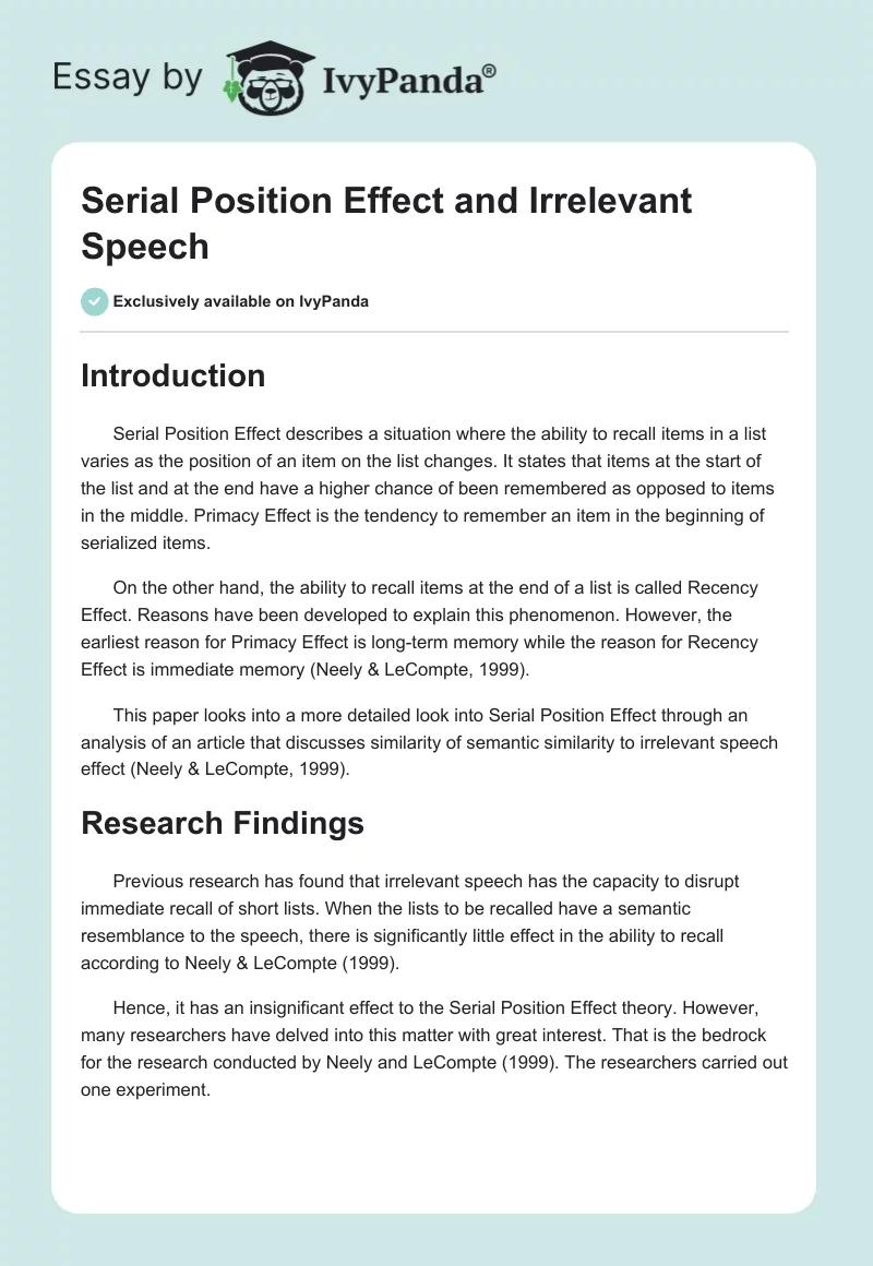 Serial Position Effect and Irrelevant Speech. Page 1