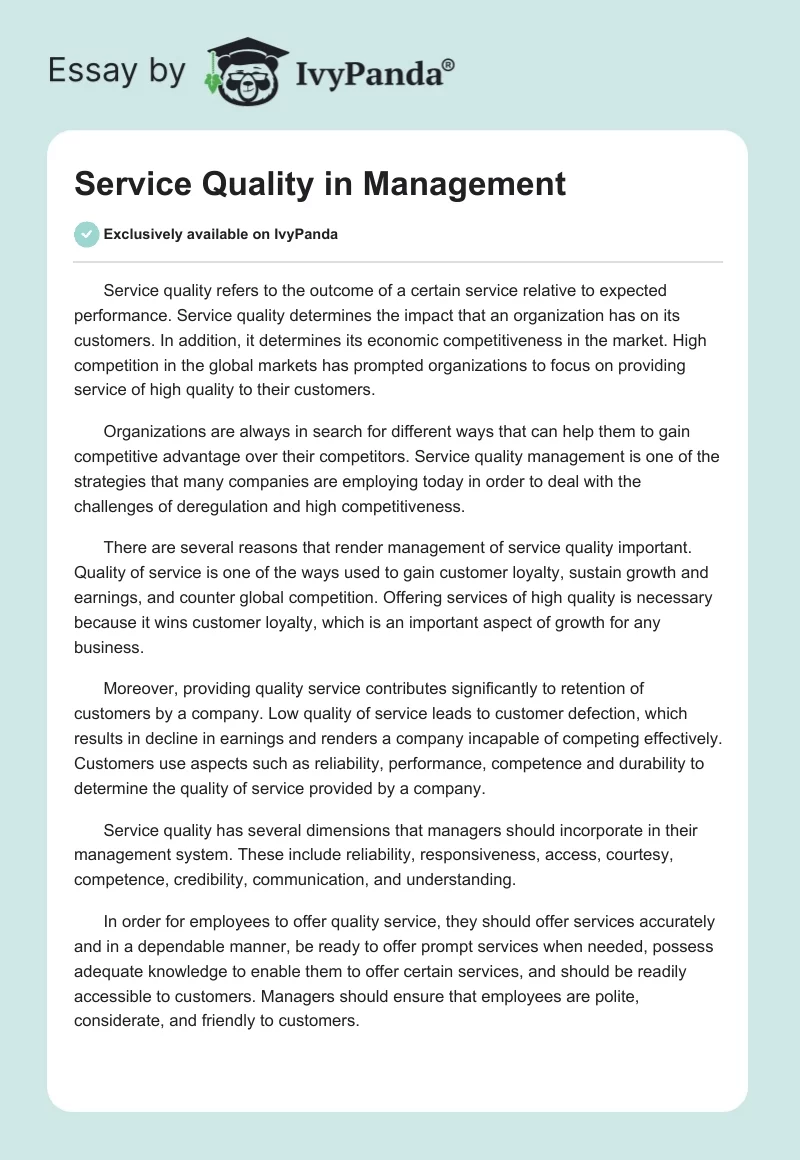 Service Quality in Management. Page 1