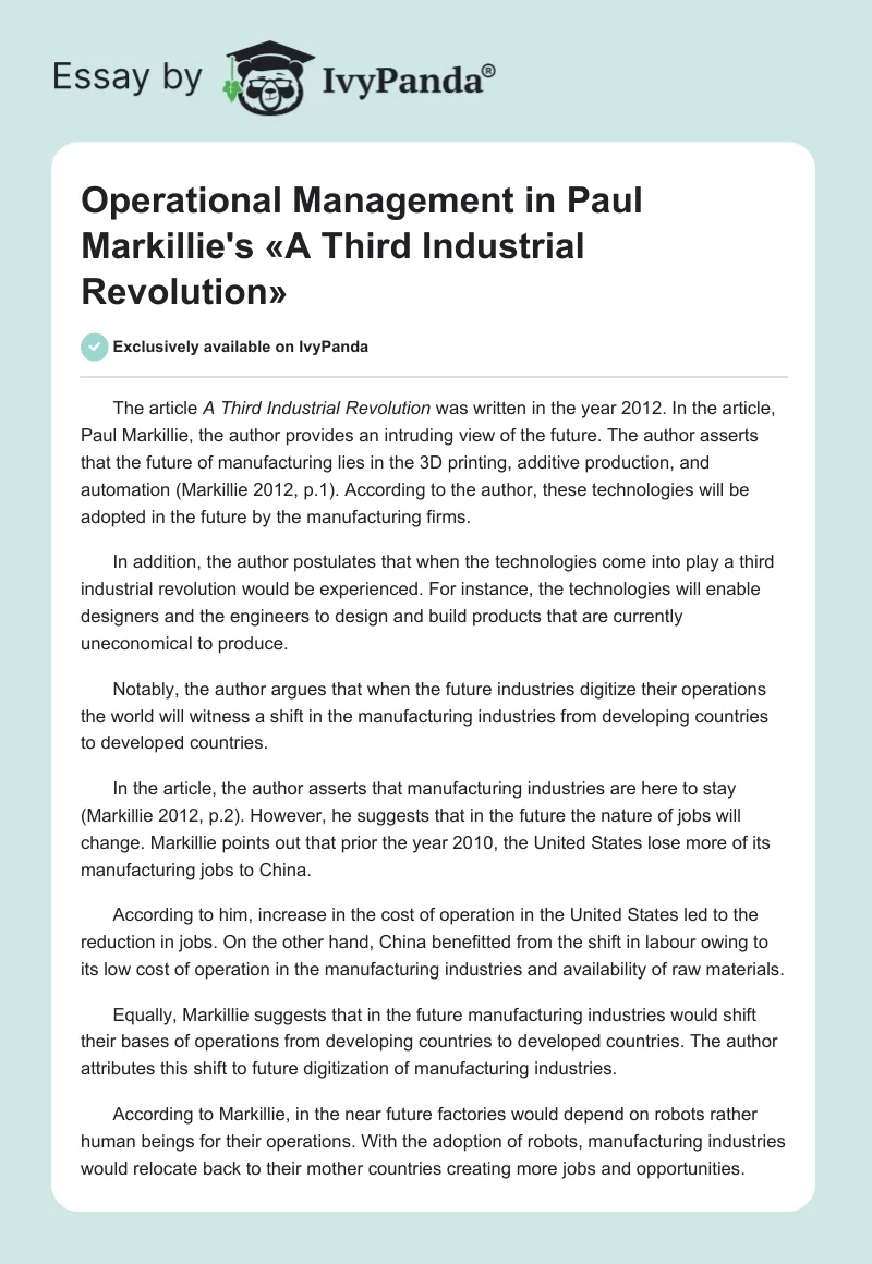 Operational Management in Paul Markillie's «А Third Industrial Revolution». Page 1
