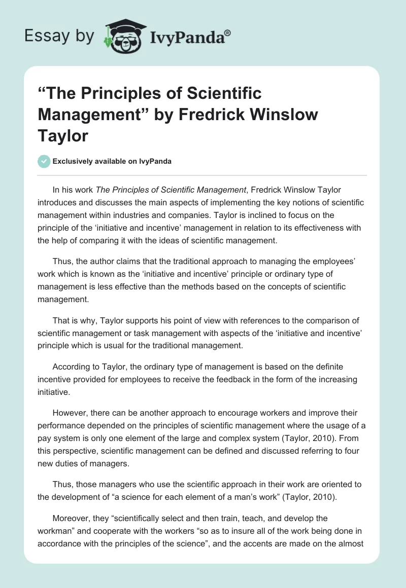 “The Principles of Scientific Management” by Fredrick Winslow Taylor. Page 1