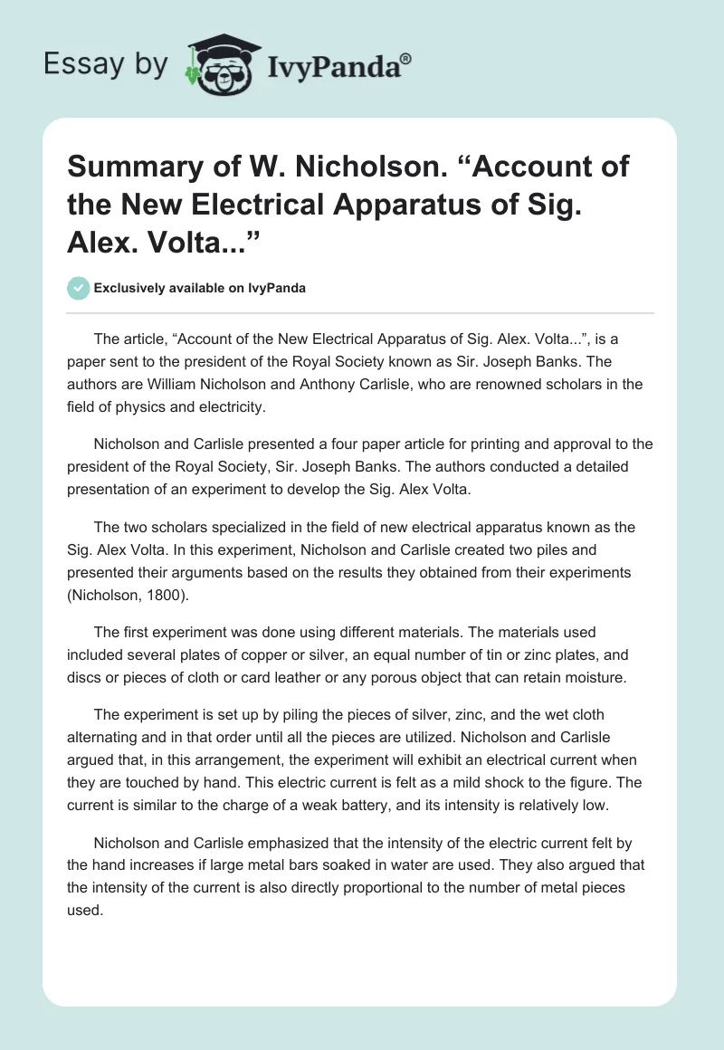 Summary of W. Nicholson. “Account of the New Electrical Apparatus of Sig. Alex. Volta...”. Page 1