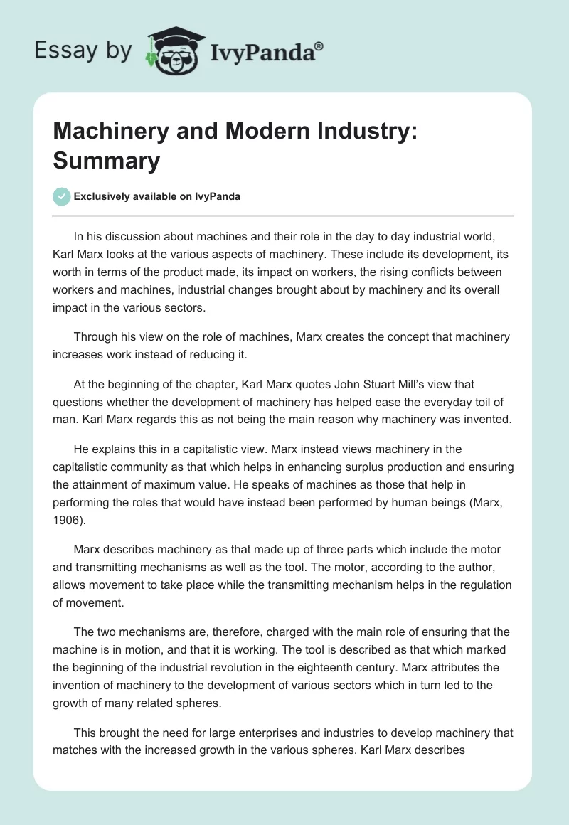 Machinery and Modern Industry: Summary. Page 1