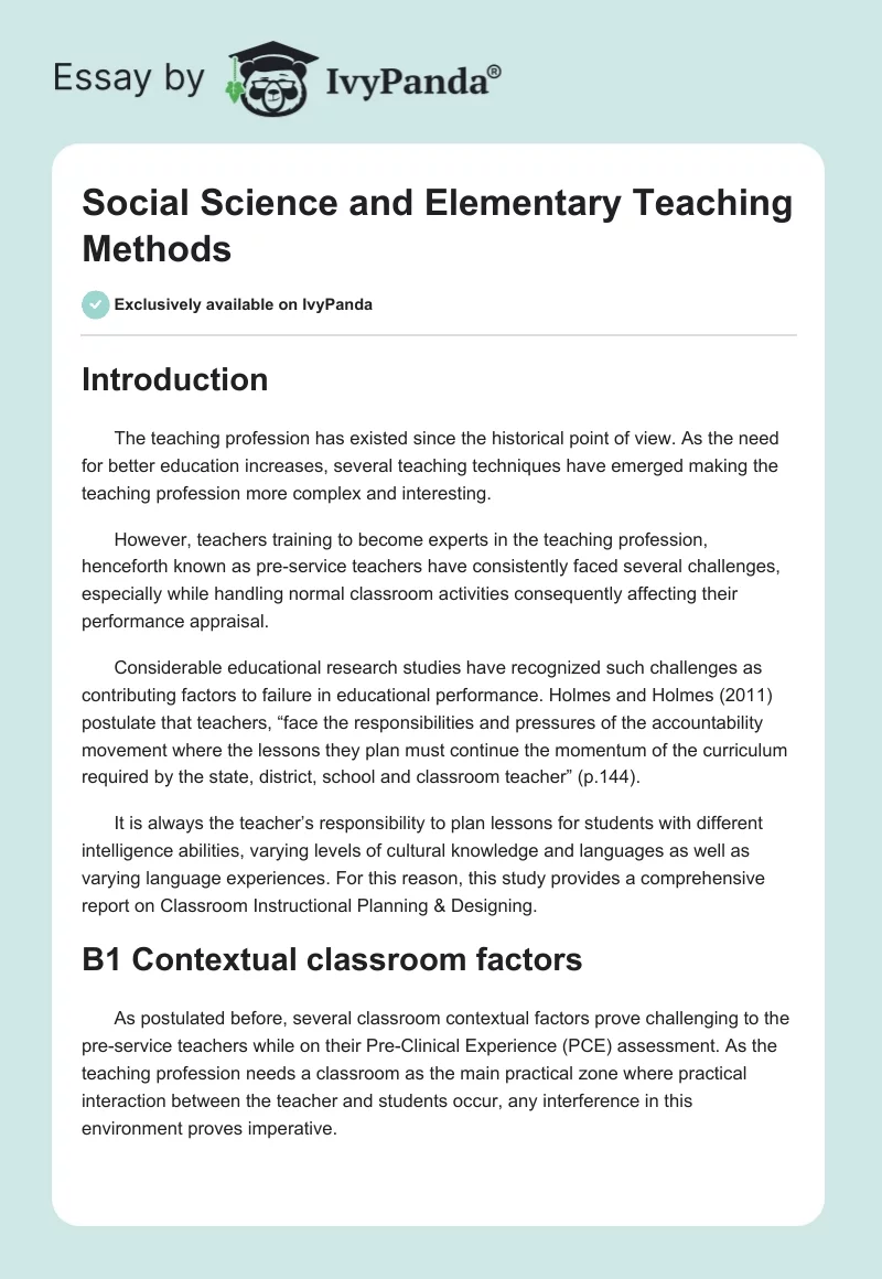 Social Science and Elementary Teaching Methods. Page 1
