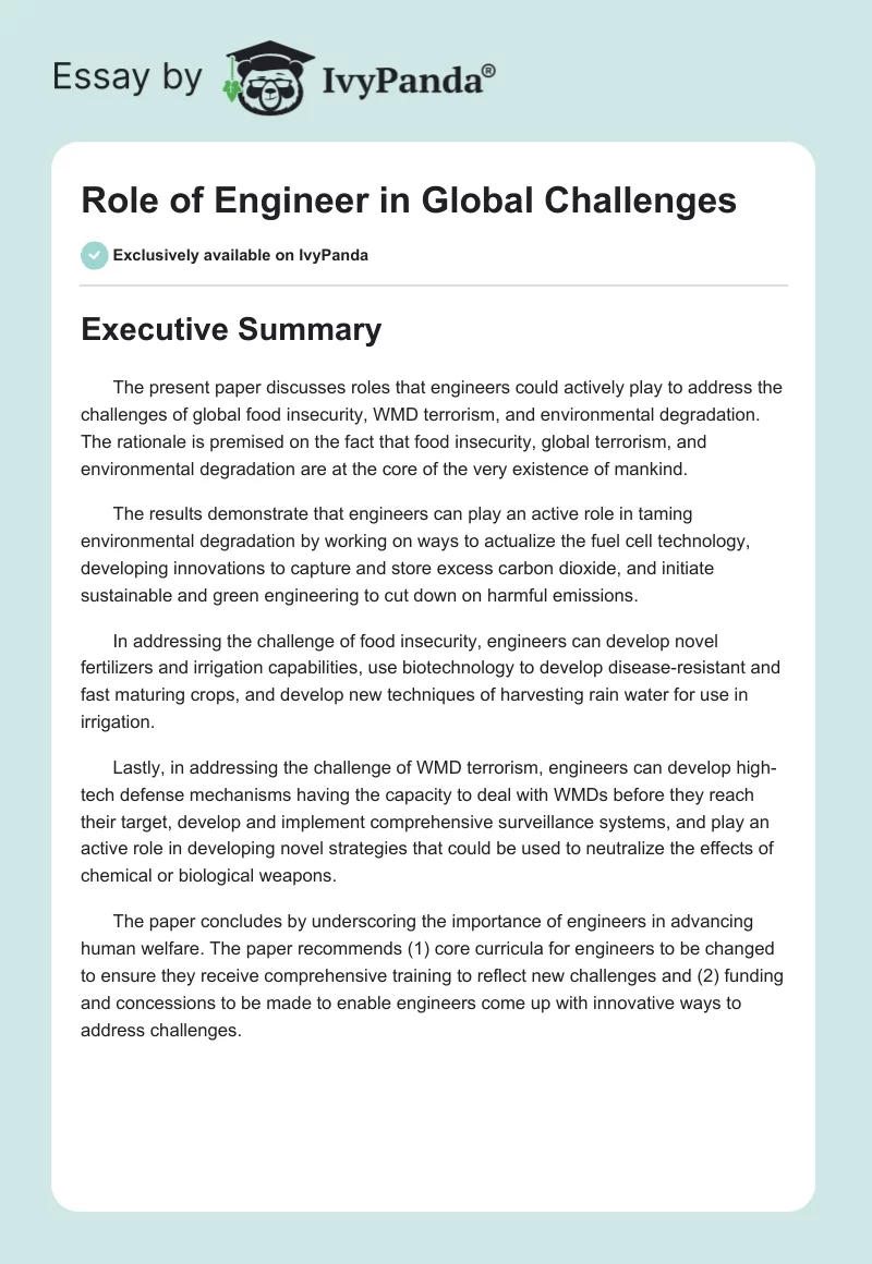Role of Engineer in Global Challenges. Page 1