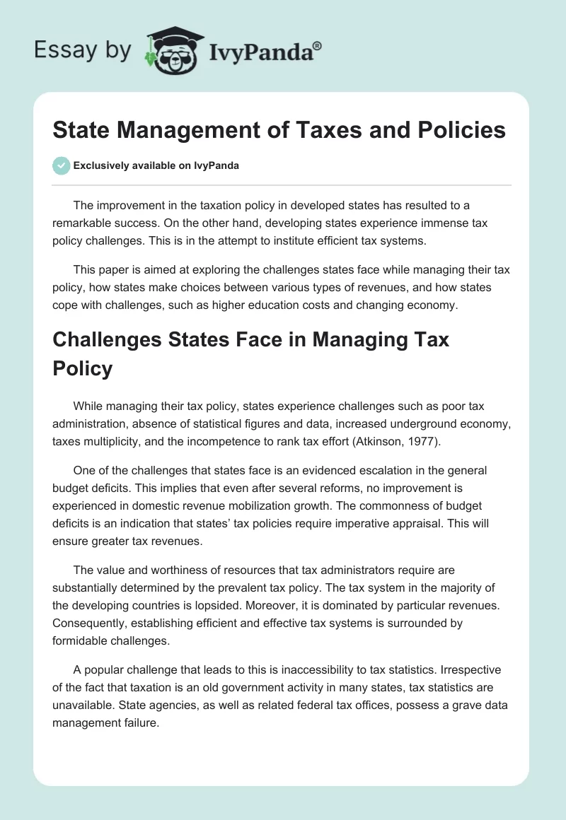 State Management of Taxes and Policies. Page 1