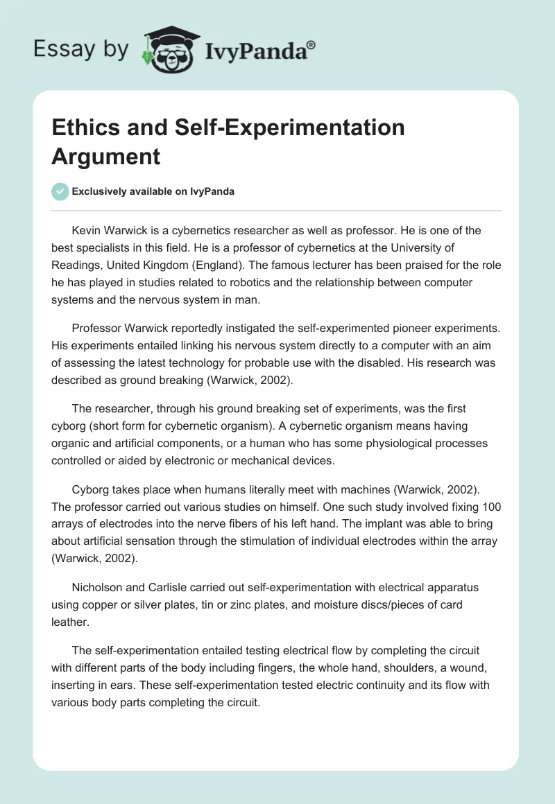 Ethics and Self-Experimentation Argument. Page 1