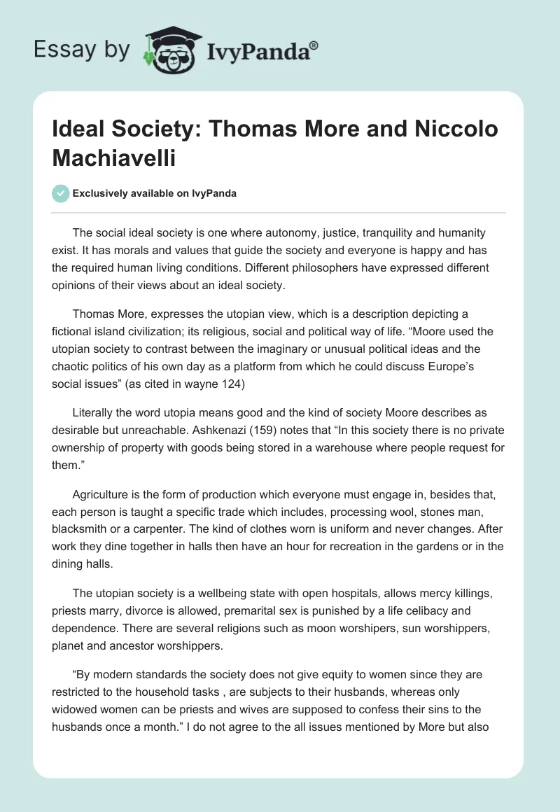 Ideal Society: Thomas More and Niccolo Machiavelli. Page 1