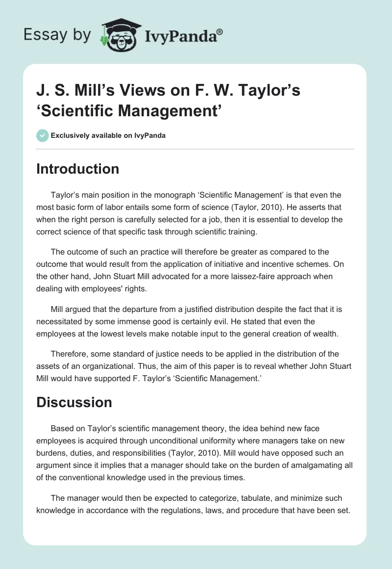 J. S. Mill’s Views on F. W. Taylor’s ‘Scientific Management’. Page 1