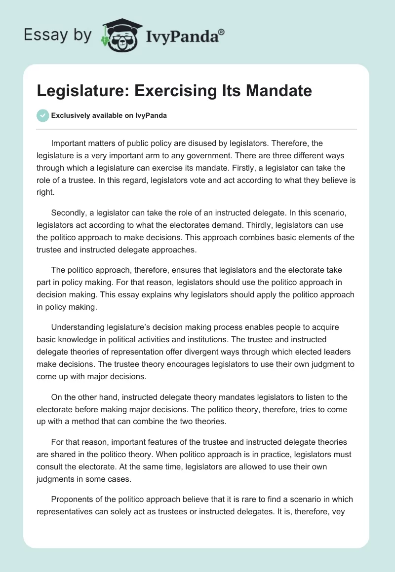 Legislature: Exercising Its Mandate. Page 1