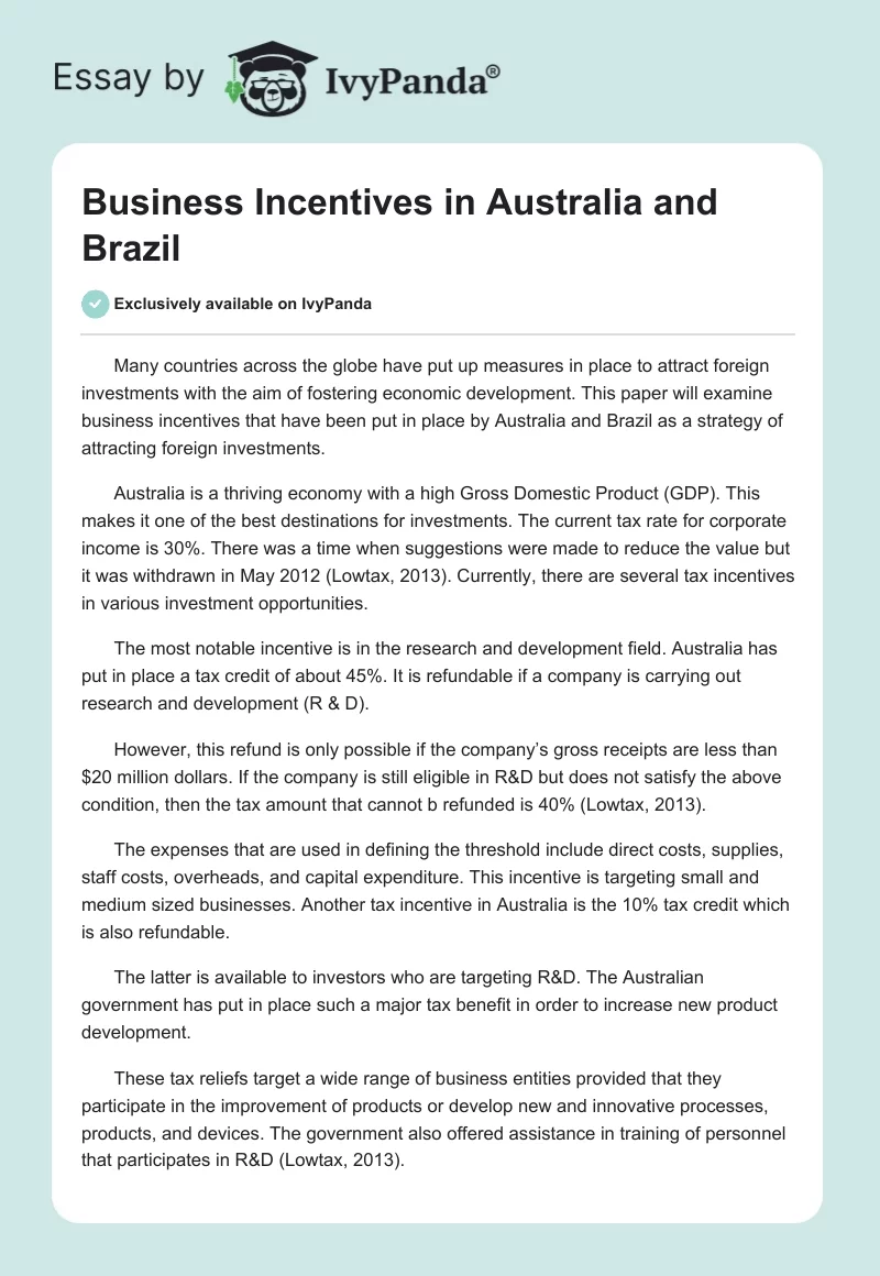 Business Incentives in Australia and Brazil. Page 1
