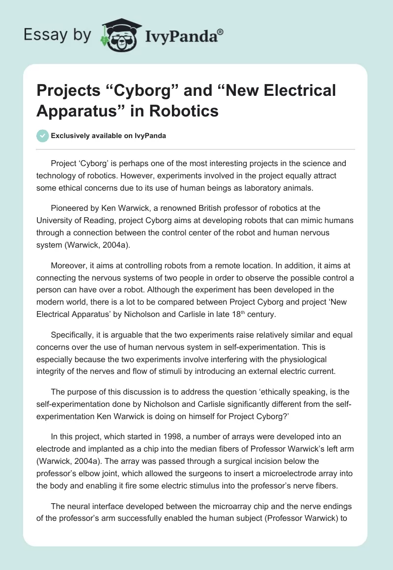 Projects “Cyborg” and “New Electrical Apparatus” in Robotics. Page 1