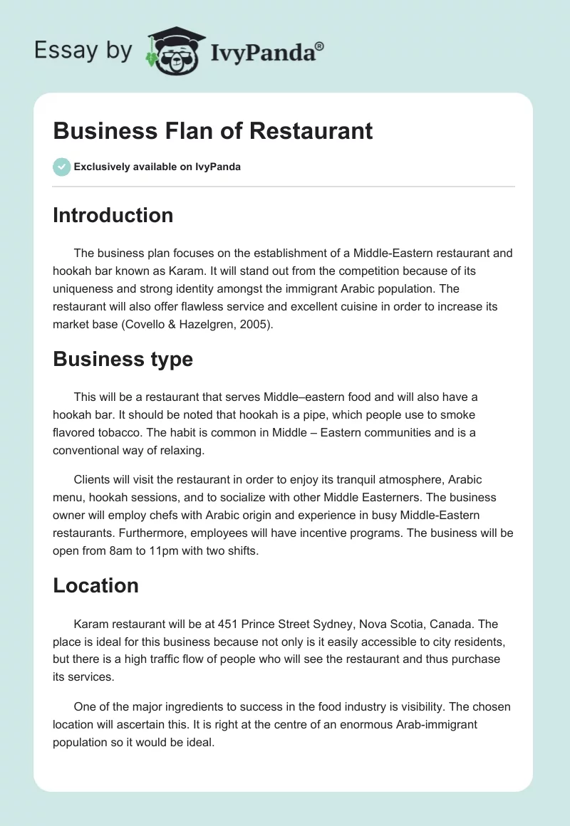 Business Flan of Restaurant. Page 1
