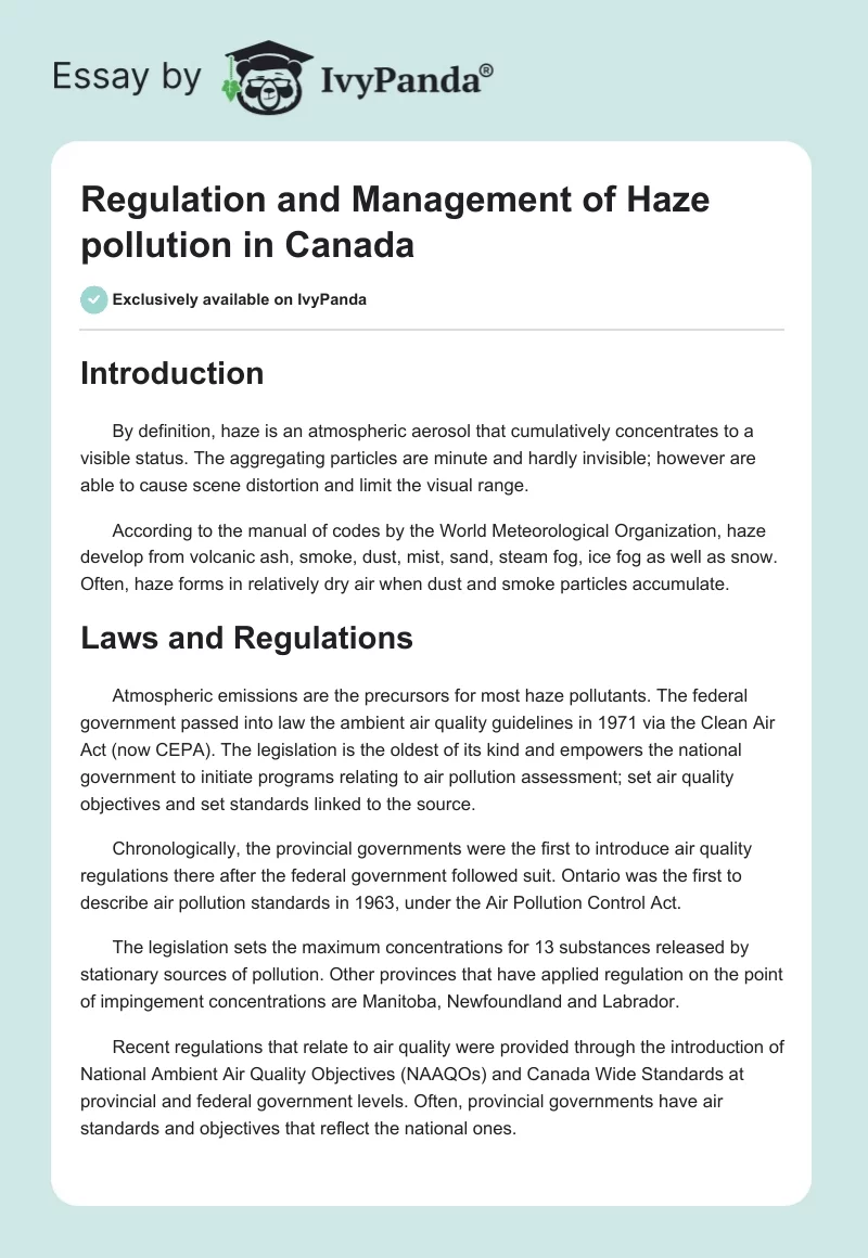 Regulation and Management of Haze Pollution in Canada. Page 1