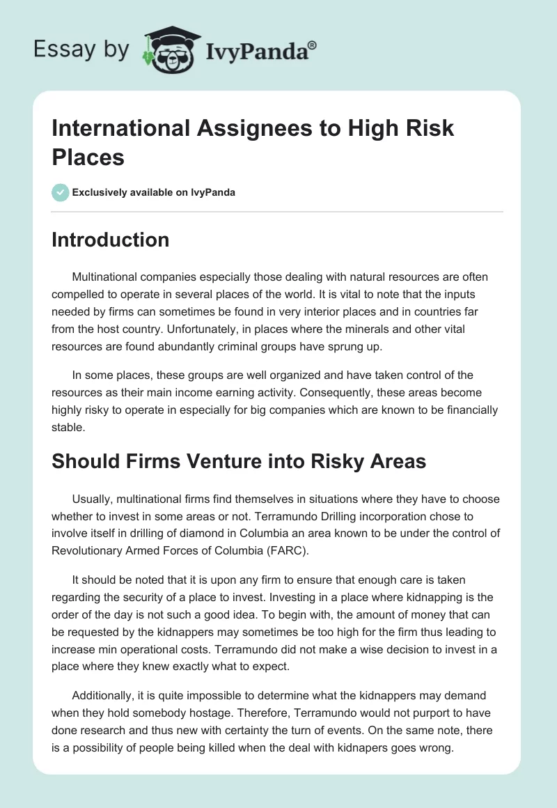International Assignees to High Risk Places. Page 1