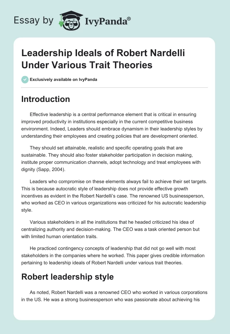 Leadership Ideals of Robert Nardelli Under Various Trait Theories. Page 1