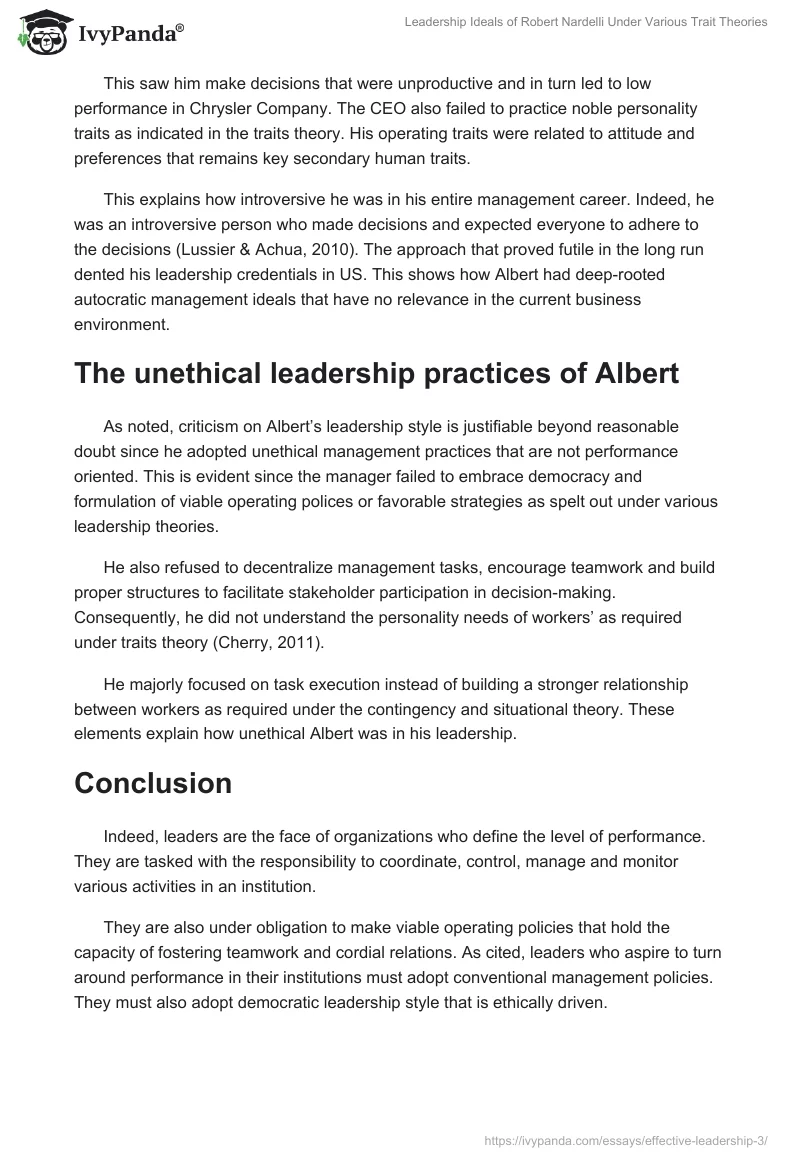 Leadership Ideals of Robert Nardelli Under Various Trait Theories. Page 3